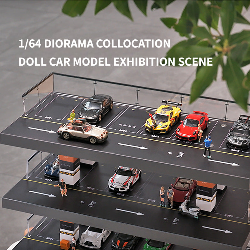 1/64 Solid wood simulation parking lot scene Alloy car model display stand Garage toy storage