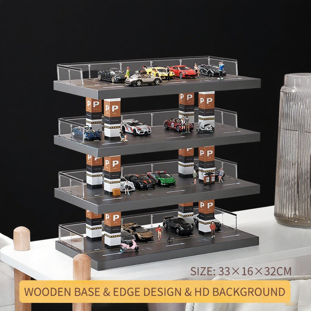 1/64 Solid wood simulation parking lot scene Alloy car model display stand Garage toy storage