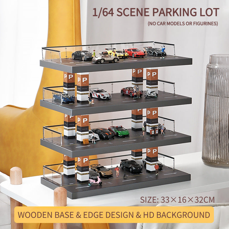 1/64 Solid wood simulation parking lot scene Alloy car model display stand Garage toy storage