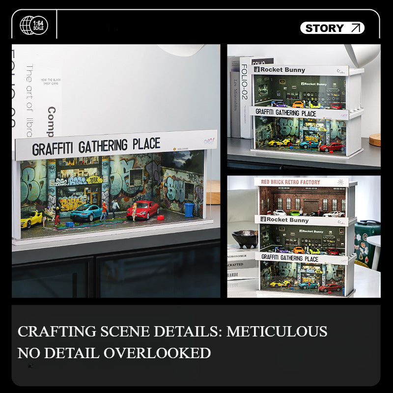 1:64 Simulation garage scene lighting version simple assembly car model display box storage desktop small ornament