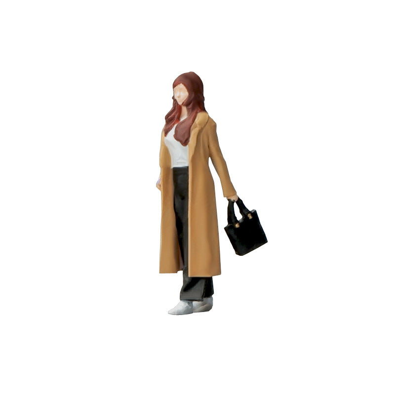 1:64 trench coat girl miniature doll model simulation three-dimensional villain figure toy micro scene sand table props