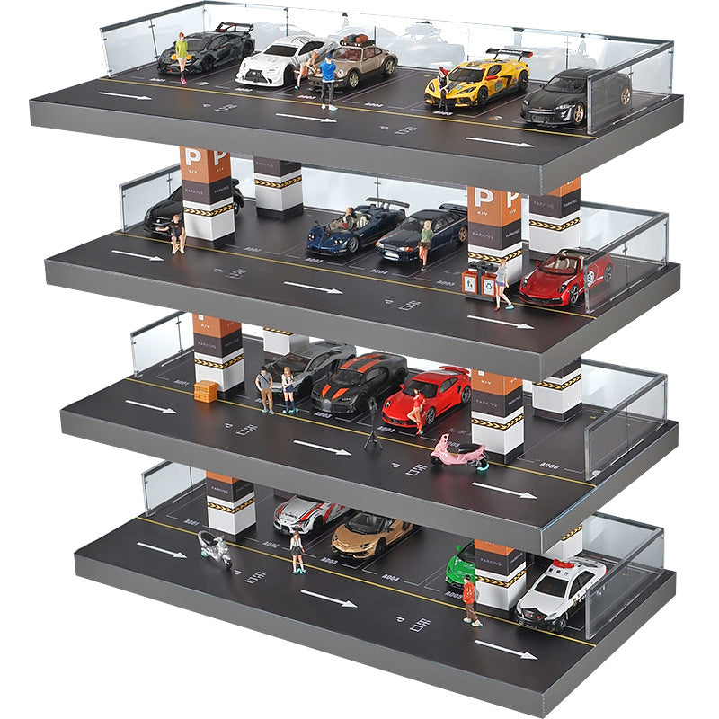 1/64 Solid wood simulation parking lot scene Alloy car model display stand Garage toy storage