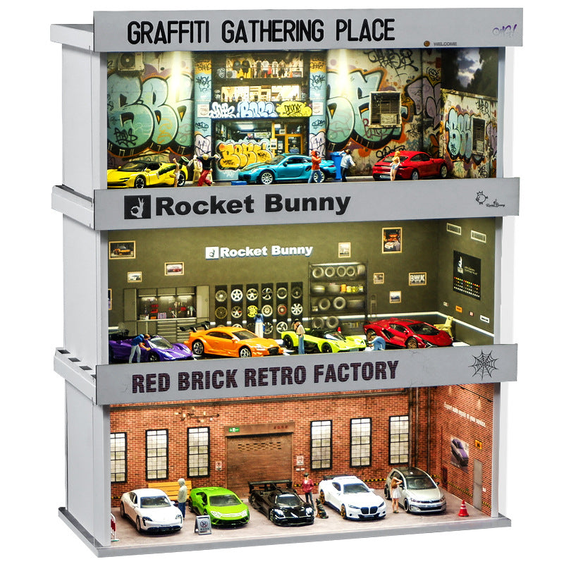 1:64 Simulation garage scene lighting version simple assembly car model display box storage desktop small ornament