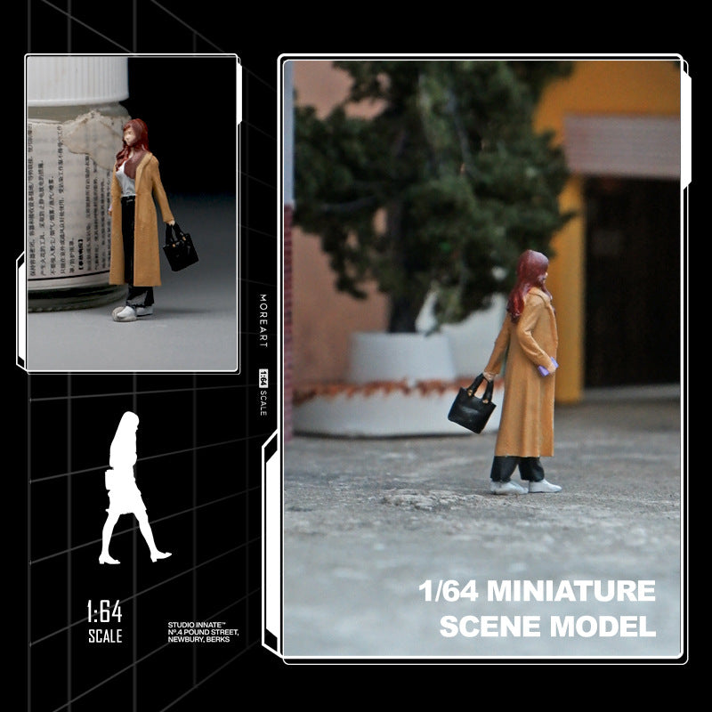 1:64 trench coat girl miniature doll model simulation three-dimensional villain figure toy micro scene sand table props
