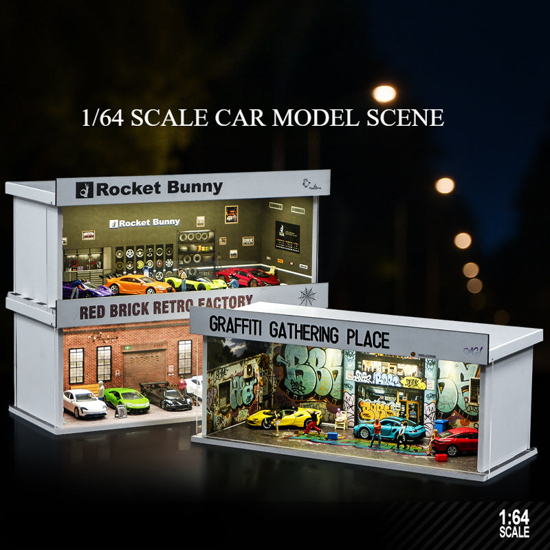 1:64 Simulation garage scene lighting version simple assembly car model display box storage desktop small ornament