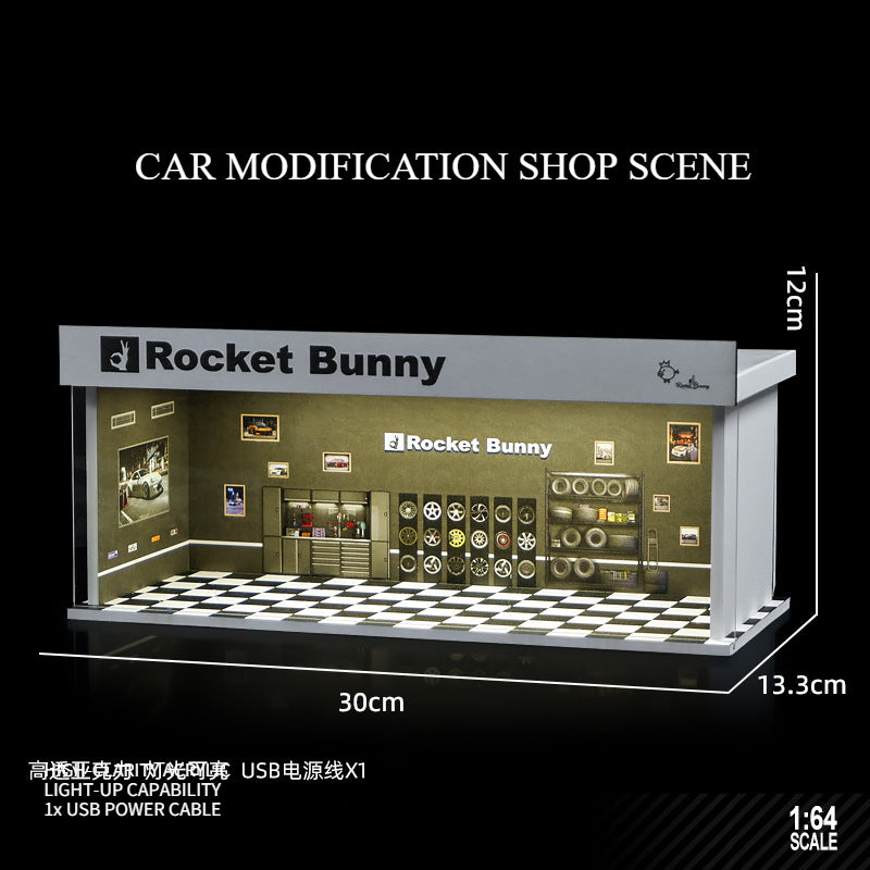 1:64 Simulation garage scene lighting version simple assembly car model display box storage desktop small ornament