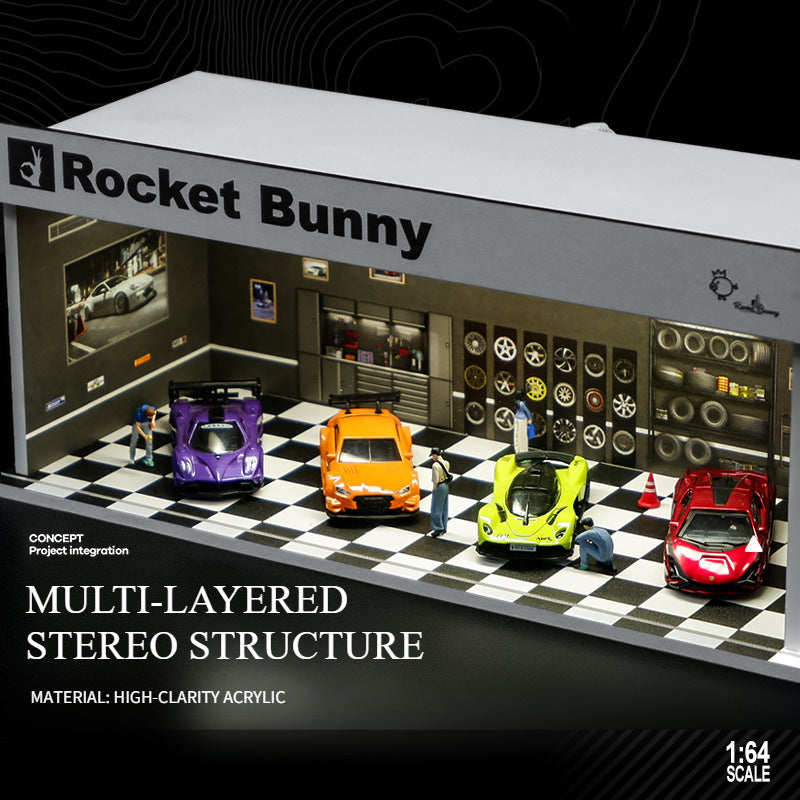 1:64 Simulation garage scene lighting version simple assembly car model display box storage desktop small ornament