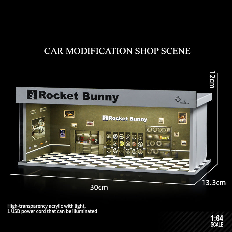 1:64 Simulation garage scene lighting version simple assembly car model display box storage desktop small ornament