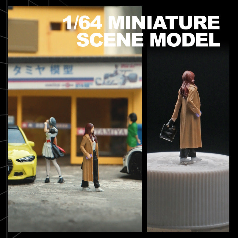 1:64 trench coat girl miniature doll model simulation three-dimensional villain figure toy micro scene sand table props