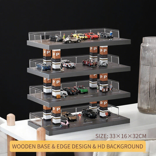 1/64 Solid wood simulation parking lot scene Alloy car model display stand Garage toy storage