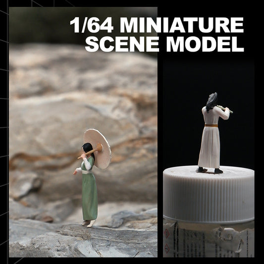Ubrella Girl in ancient clothing, Hanfu miniature doll model 1/64 mini villain 3D three-dimensional figure micro-shot prop