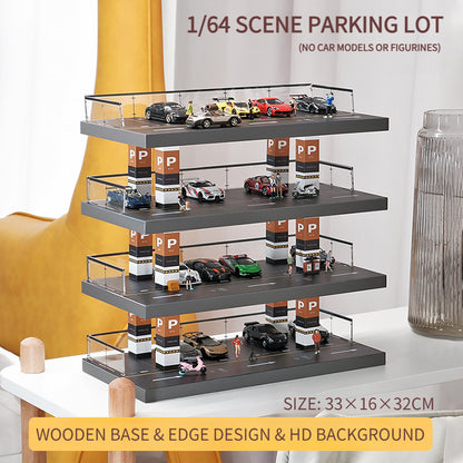 1/64 Solid wood simulation parking lot scene Alloy car model display stand Garage toy storage