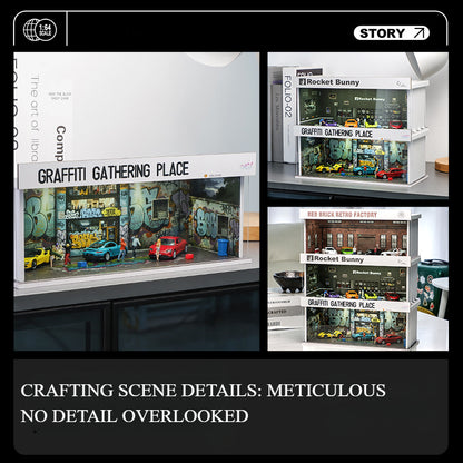 1:64 Simulation garage scene lighting version simple assembly car model display box storage desktop small ornament