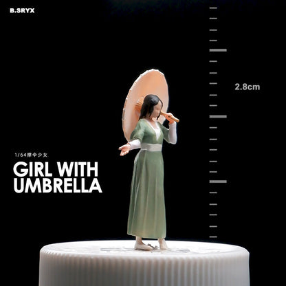 Ubrella Girl in ancient clothing, Hanfu miniature doll model 1/64 mini villain 3D three-dimensional figure micro-shot prop