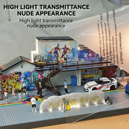 1:64 Simulation Street View with Lights Parking Lot Model Scene Garage Model Acrylic Display Box Dust Box Ornament