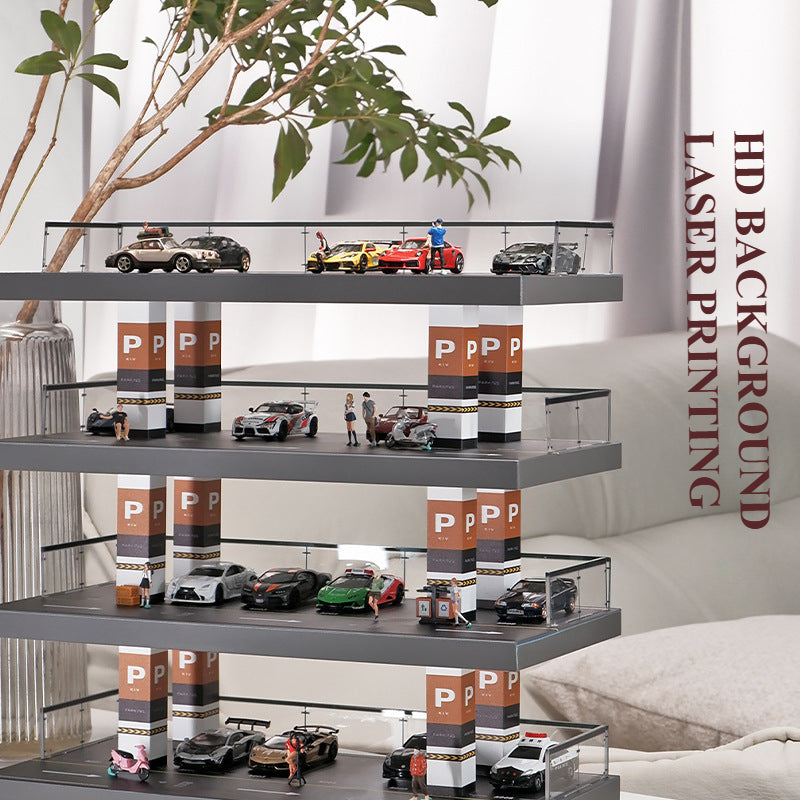 1/64 Solid wood simulation parking lot scene Alloy car model display stand Garage toy storage
